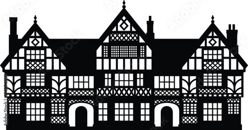 Detailed Tudor style mansion silhouette illustrating historic manor house architecture, classic British heritage building icon for luxury real estate, history, architecture, and vintage design