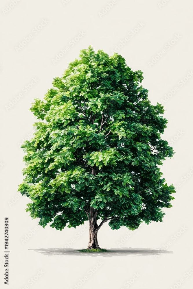 Fototapeta premium Green linden tree centered on white background, nature object in minimalist isolation