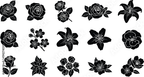 Black and white floral silhouettes with white outlines on solid white background flowers roses lilies