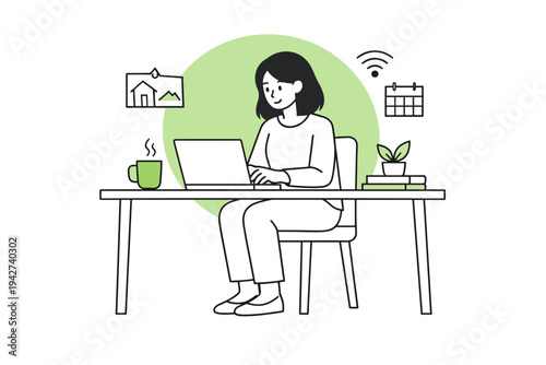Minimal line illustration of a woman working remotely on a laptop at a desk with coffee, books, calendar, and wireless icon in a home office setting