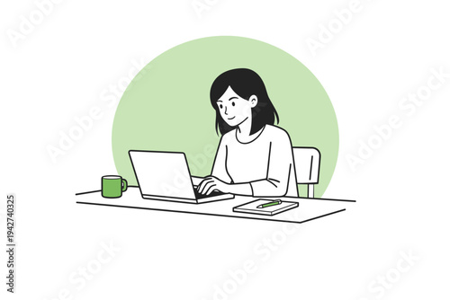 Minimal line illustration of a woman working on a laptop at a desk with notebook, pen, and coffee mug, representing remote work, study, and productivity