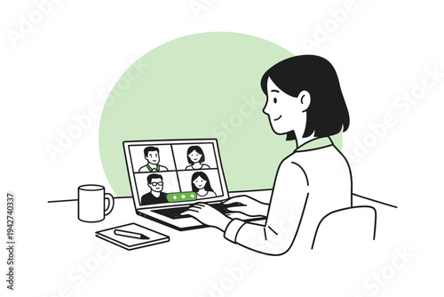 Remote worker using laptop for video conference meeting with colleagues, working from home desk setup with mug and notebook in minimalist illustration