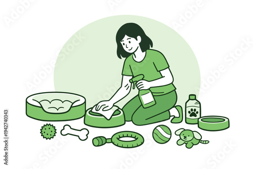 Illustration of a woman kneeling and cleaning pet supplies with spray and sponge, surrounded by dog bed, bowl, toys, bone, and grooming items