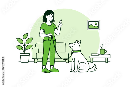 Minimal line illustration of a woman training a sitting dog on a leash in a cozy living room with sofa, plant, coffee table, and mug