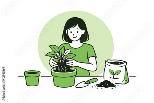 Illustration of a young woman repotting a leafy houseplant at a table with soil, trowel, and gardening supplies for indoor plant care