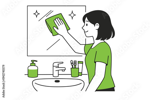 Woman cleaning bathroom mirror with cloth above sink, home hygiene routine with soap dispenser and toothbrushes in simple flat vector illustration