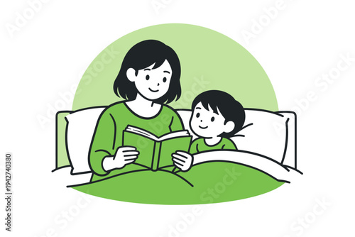 Mother reading a bedtime story to her young child in bed, cozy family bonding moment with book, blanket, and calm evening routine illustration