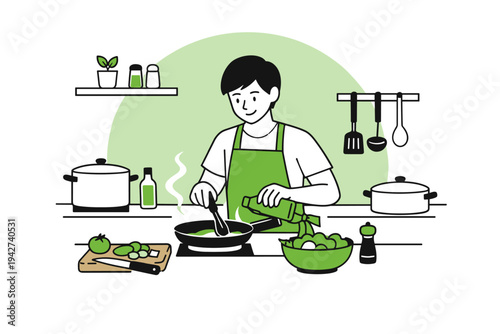 Minimalist illustration of a home cook wearing an apron preparing a healthy meal in a modern kitchen, stirring a pan beside fresh vegetables and utensils