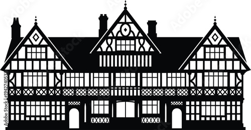 Elegant Tudor revival mansion silhouette showcasing historic manor house architecture, symmetrical facade design, British heritage style building icon for luxury 
