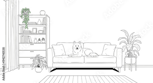 Cozy living room with dog on sofa in minimalist line art style