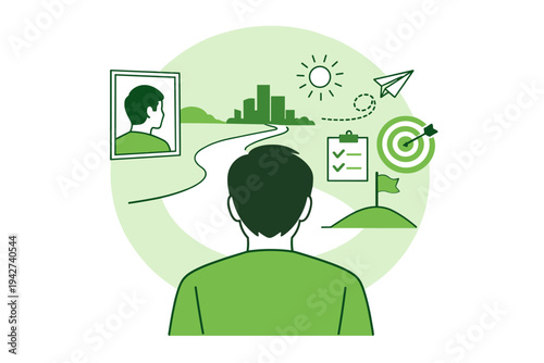 Person viewing a winding path toward a city skyline with planning icons, checklist, target, and paper plane representing goals, strategy, and progress