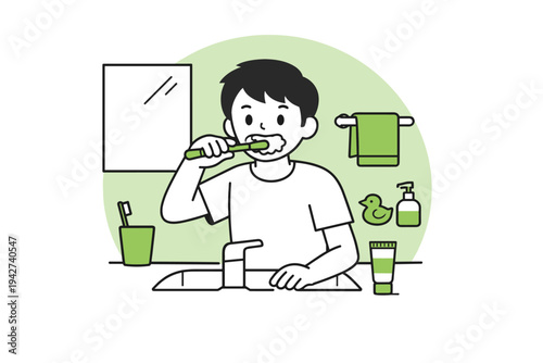 Cartoon boy brushing teeth at bathroom sink with toothbrush and toothpaste, showing daily morning hygiene routine with mirror, towel, and soap