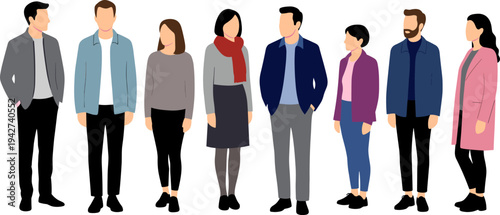 Diverse group of men and women standing in casual outfits and autumn jackets isolated on white background, flat vector illustration