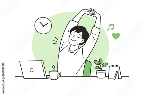 Relaxed person stretching at a home workspace desk with laptop, coffee cup, plants, clock, and music icons representing calm productivity