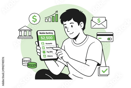 Illustration of a man using a smartphone mobile banking app to manage accounts, transfer money, pay bills, and track financial growth with secure payments
