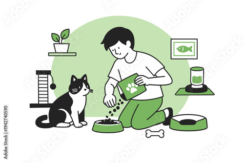 Cartoon illustration of a boy kneeling and pouring dry food into a bowl while feeding a black and white cat at home with pet supplies nearby