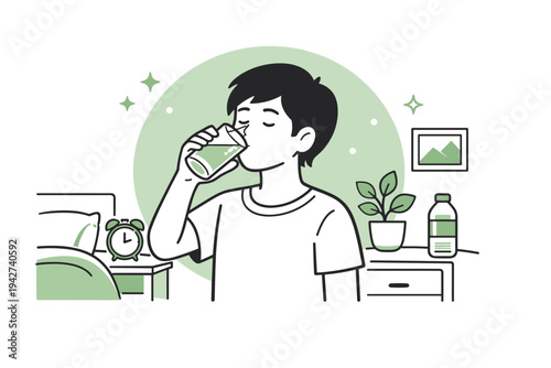Minimal line illustration of a young person drinking a glass of water indoors, emphasizing hydration, wellness routine, and healthy lifestyle at home