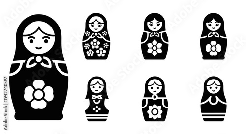 Collection of traditional russian matryoshka doll silhouettes in simple black design