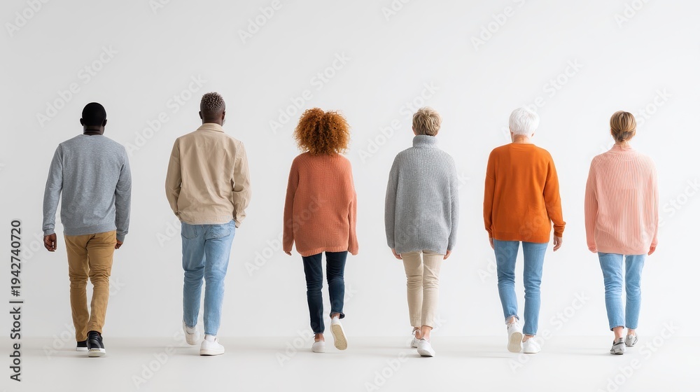 Obraz premium Group of diverse adults walking away, rear view, full-body figures on a clean white background