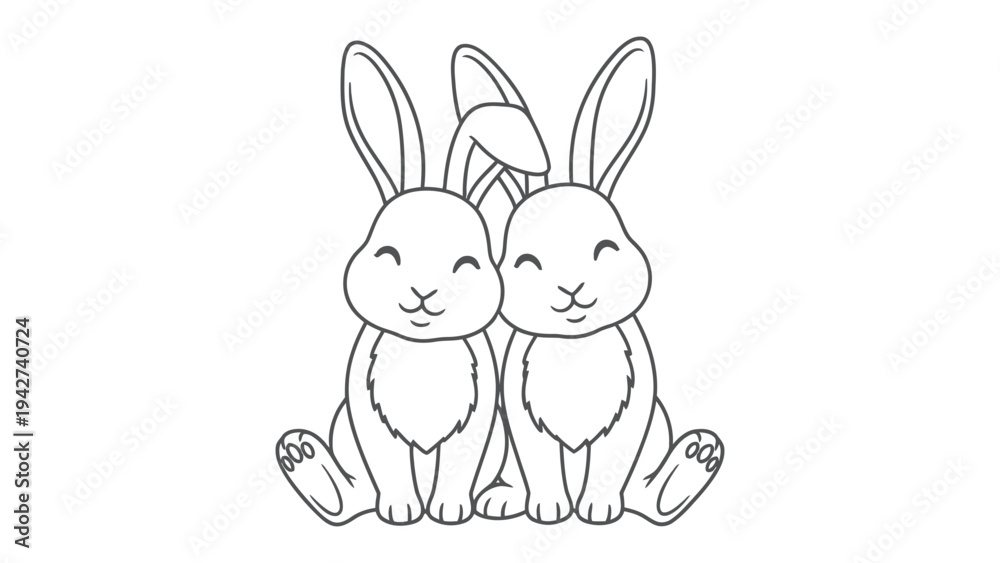 Fototapeta premium Rabbit's Line Art: A delightful pair of rabbits, rendered in a simple line art style, sit side by side. Their smiling expressions and delicate features evoke a sense of playfulness and joy.
