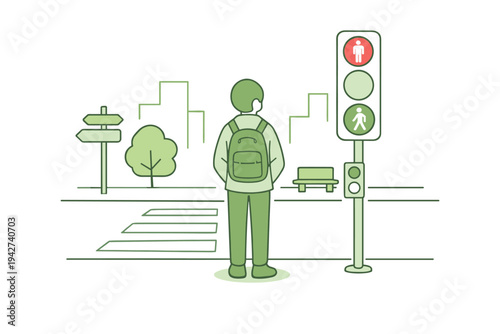 Illustration of a pedestrian with backpack waiting at a crosswalk beside a red walk signal, with city skyline, bench, trees, and street signs