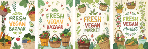 Colorful illustrations of fresh vegan market and bazaar with seasonal produce.