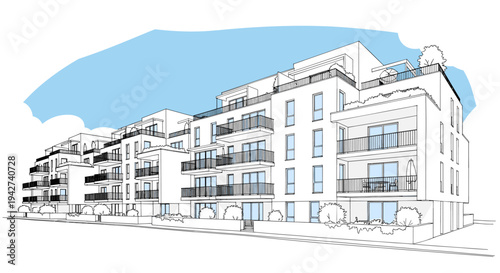 Modern apartment building: linear architectural design with blue sky background