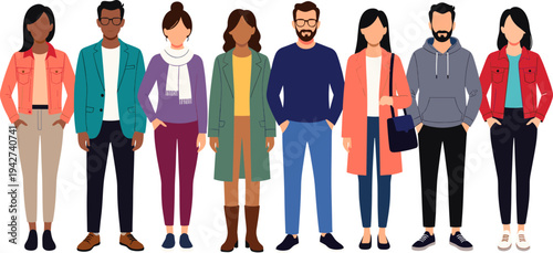Diverse group of modern people standing in a row, multicultural men and women in stylish casual outfits, flat vector illustration, inclusive character collection.