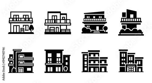 Modern minimalist house icons set in silhouette style for urban designs