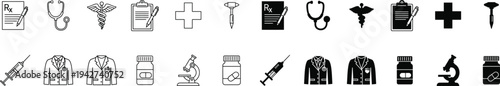 Medical Icon Set with Doctor Lab Coat Microscope and Healthcare Symbols