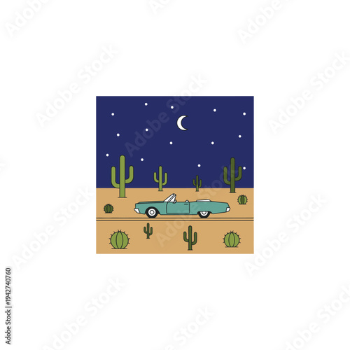 Vintage Convertible Car Driving Through Desert Landscape.