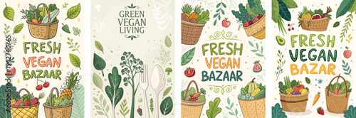 Colorful illustrations celebrating fresh vegan produce and a healthy lifestyle.