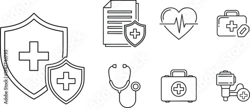 Medical Health Insurance Shield and Healthcare Protection Line Icon Set