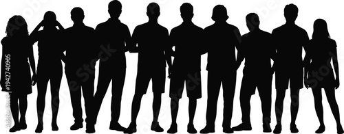 Black silhouettes of a diverse group of men and women standing together in a row on a white background,