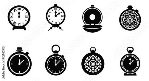 Vintage clock silhouettes: antique and modern timepieces in black and white design