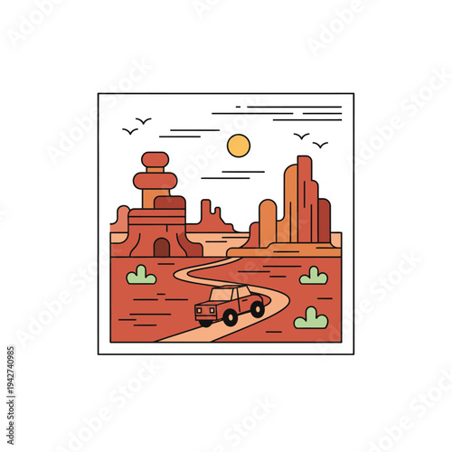 Red vintage car driving on desert road.