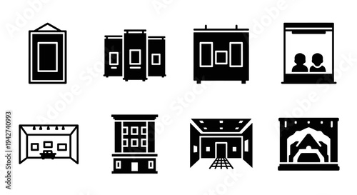 Museum and gallery icon set: modern exhibits and installations in monochrome silhouette