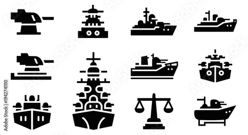 Nautical military silhouettes: battleships and naval warfare icons