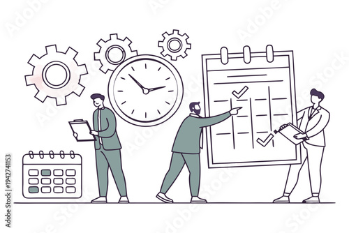 Professional business team managing time and tasks with gears,
Professional Human Resources Illustration.
clock, calendar, and checklist. 
Concept of effective planning, productivity, 
Efficiency at w