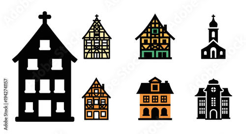 Silhouette and colorful scandinavian houses collection with church