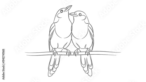 Bird couple in Love: Two delicate birds, perched side-by-side on a slender branch, gaze upward in unison, embodying unity. This image showcases a beautiful moment of connection.