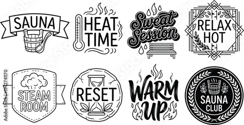 Sauna Vintage Badge Set – Spa Heat Therapy Typography Vector Collection