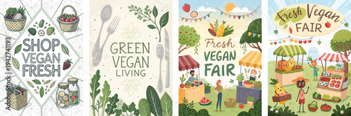 Colorful illustrations promoting fresh vegan living and markets.