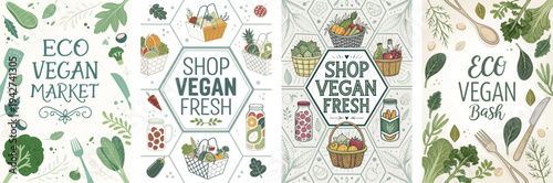 Four vibrant eco vegan market illustrations showcasing fresh produce and sustainable living.