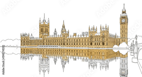 Detailed architectural line drawing of iconic british landmark with reflection