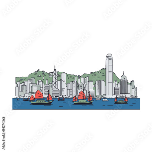 Hong Kong Skyline with Traditional Junks on Victoria Harbour.