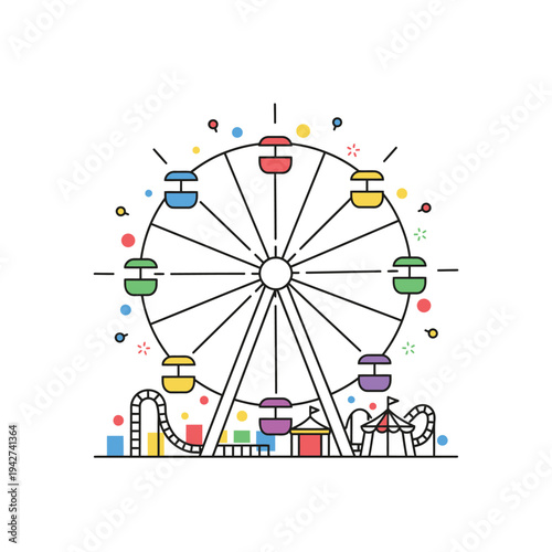 Colorful Ferris Wheel and Amusement Park Attractions Illustration.
