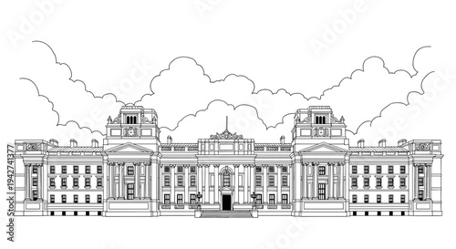 Grand palace architectural line art with cloudy sky