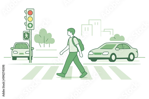 Pedestrian crossing at a marked crosswalk with walk signal and traffic light, showing safe city street navigation with cars and urban background