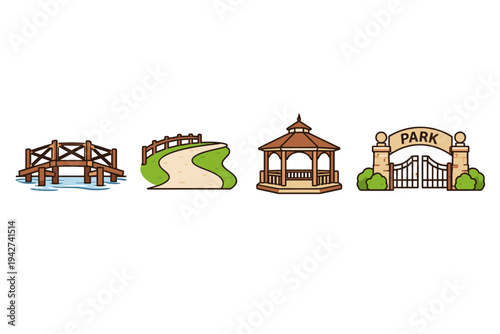Cartoon park elements set featuring wooden bridge over water, winding path with fence, gazebo pavilion, and entrance gate with shrubs